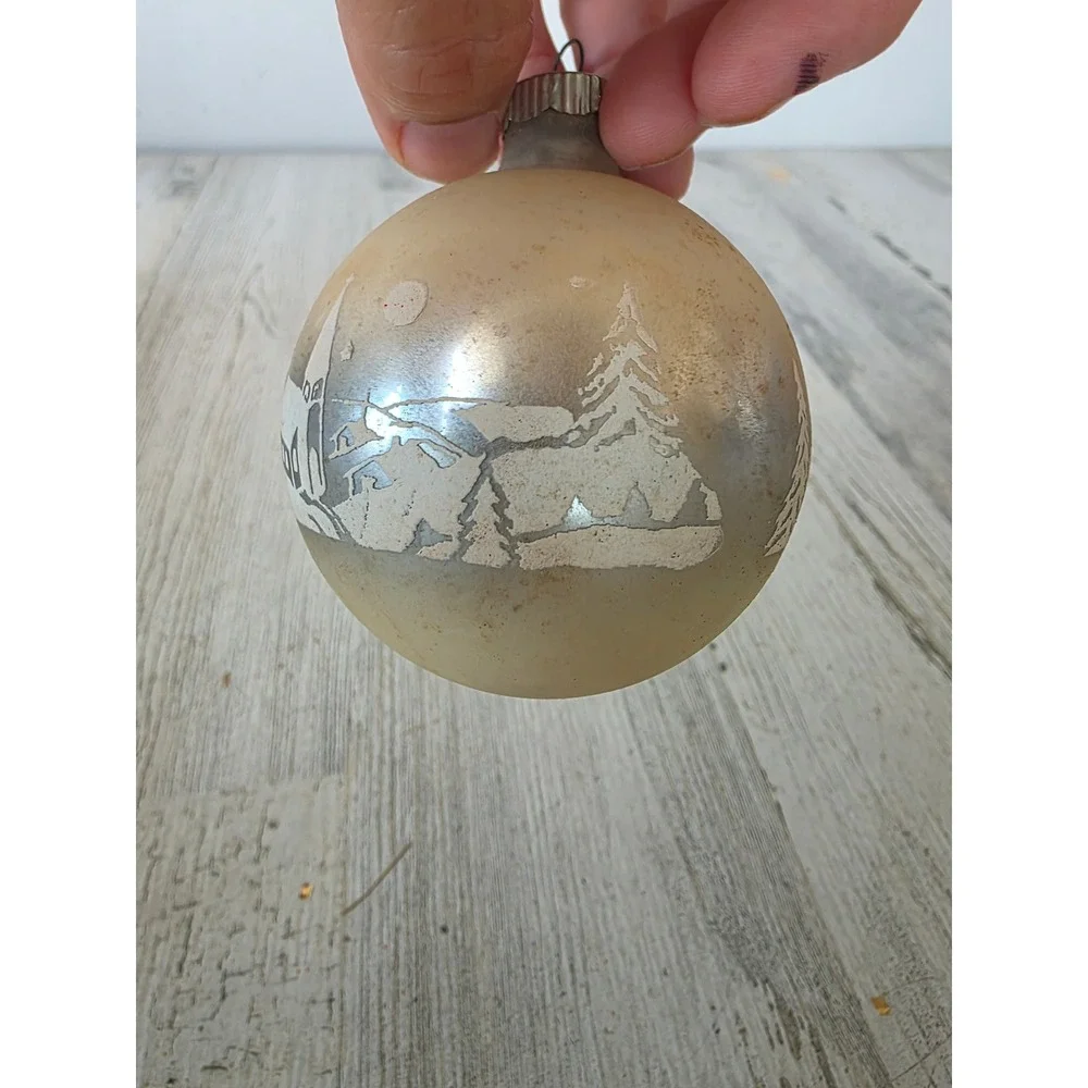 Vintage shiny Bright stencil Church scene matte ornament Xmas tree